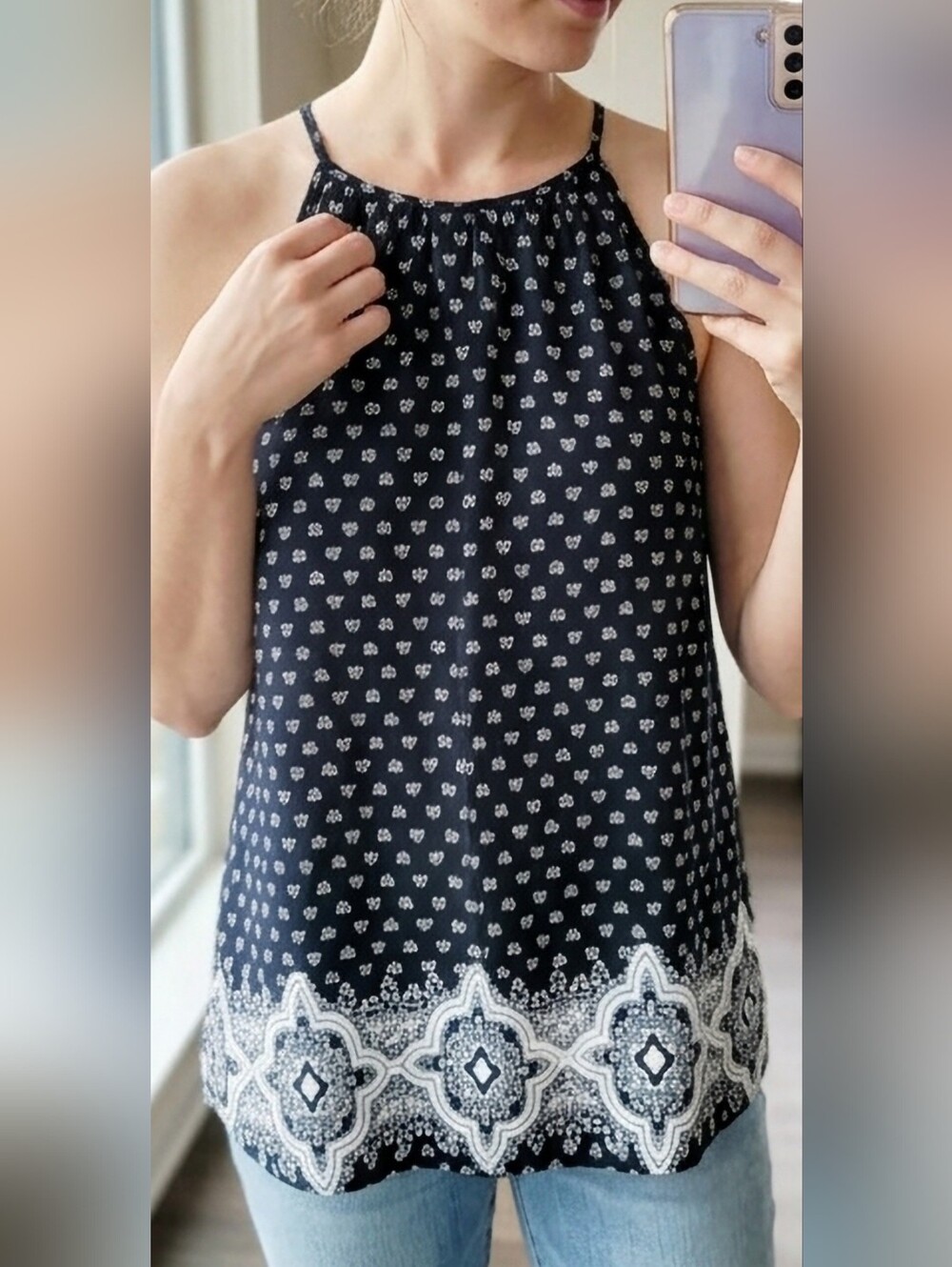 Mossimo Supply Co. 100% Rayon Halter Neck Printed Black/White Top Large
